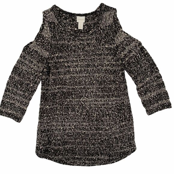 Chico's Shelley Sequin Metallic Black Gold Cold Shoulder Sweater Size 0 Small - Picture 1 of 8